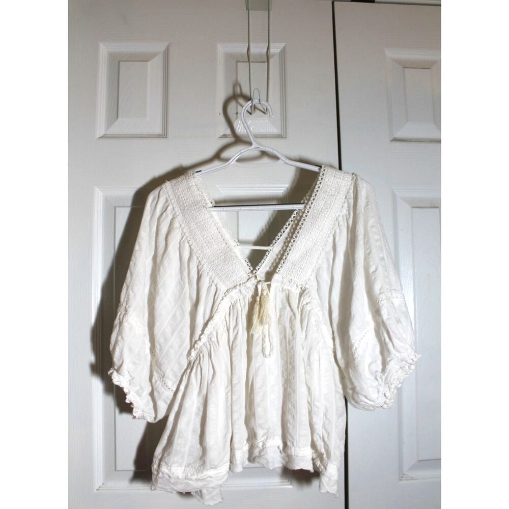 bohme White Cotton Blend Lace Trim Babydoll Blouse sz S